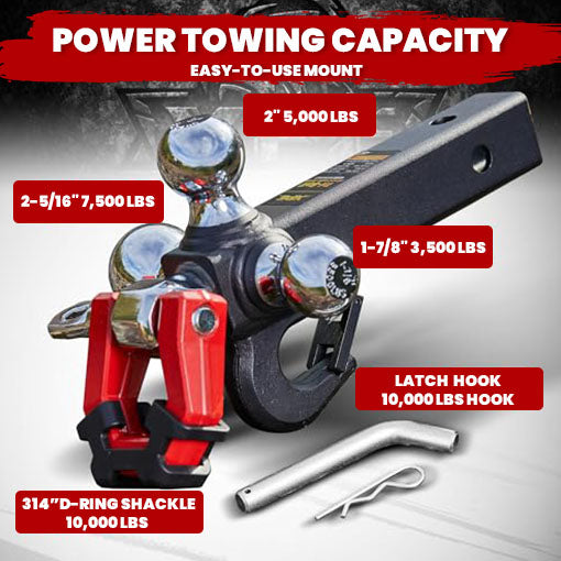 5-in-1 Trailer Hitch Tri-Ball Mount with Hook, Pin, & Shackle