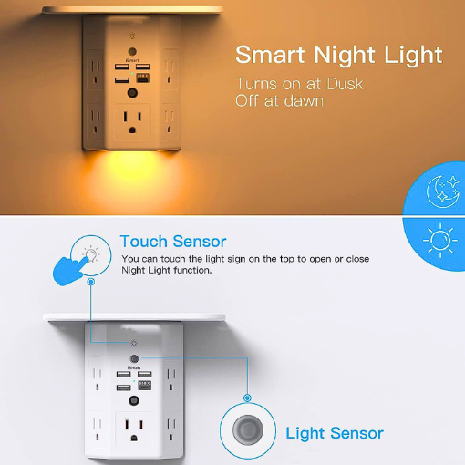 9-Plug Wall Outlet Extender With Night Light & Shelf