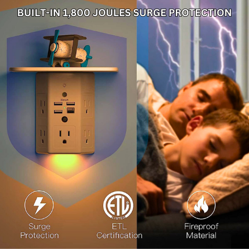 9-Plug Wall Outlet Extender With Night Light & Shelf