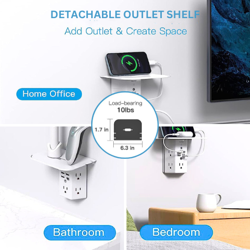 9-Plug Wall Outlet Extender With Night Light & Shelf