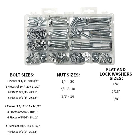 Bolt, nut, flat and lock washers sizes