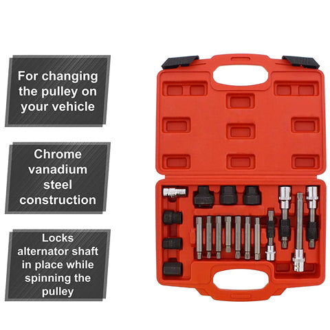 18-Piece Alternator Pulley Decoupler Tool Kit features