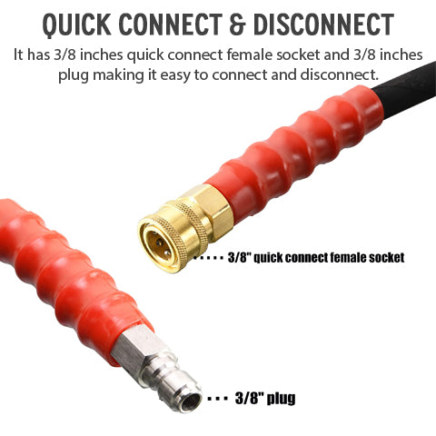 The 50 FT Pressure Washer Hose is quick to connect and disconnect.