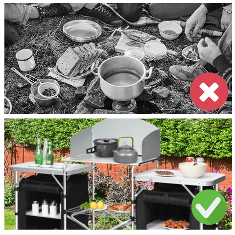 Comparison of using a portable camping table and storage organizer and eating meals on the ground